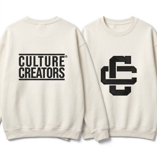 White sweatshirt with 'Culture Creators' text on the back and logo on the front, displayed from two angles.