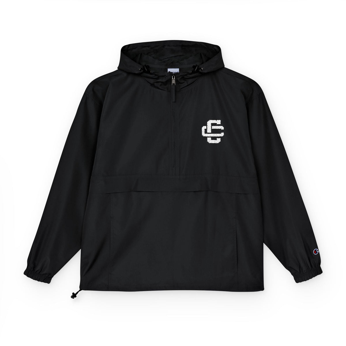 Creators Collection black Champion packable anorak jacket with a white logo, hood, and front zippered pocket.