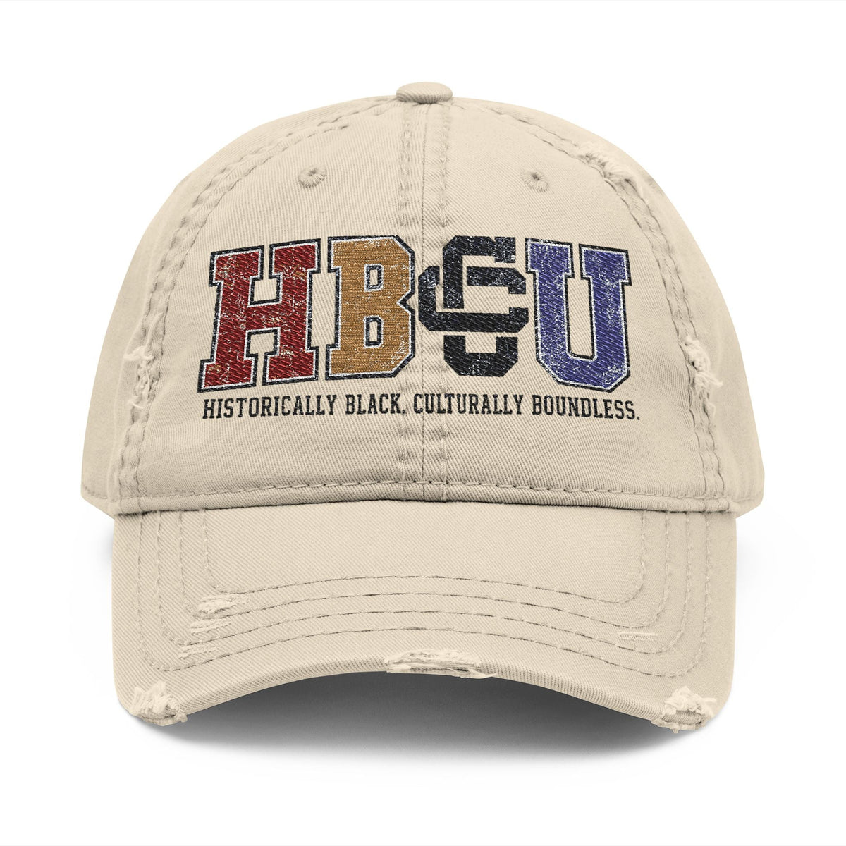 Creators Collection bone-colored distressed cotton cap with multicolor HBCU collegiate embroidery and vintage finish