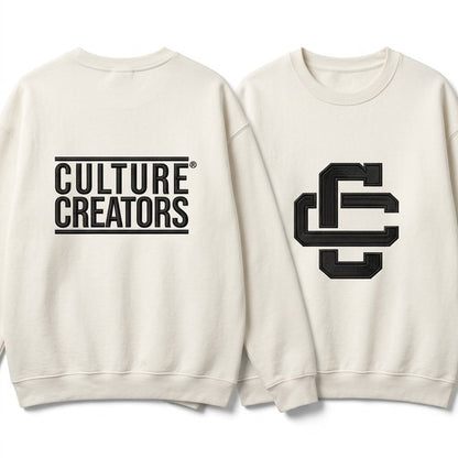 White sweatshirt with 'Culture Creators' text on the back and logo on the front, displayed from two angles.