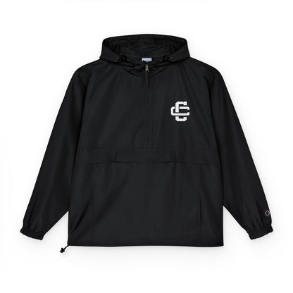Creators Collection black Champion packable anorak jacket with a white logo, hood, and front zippered pocket.