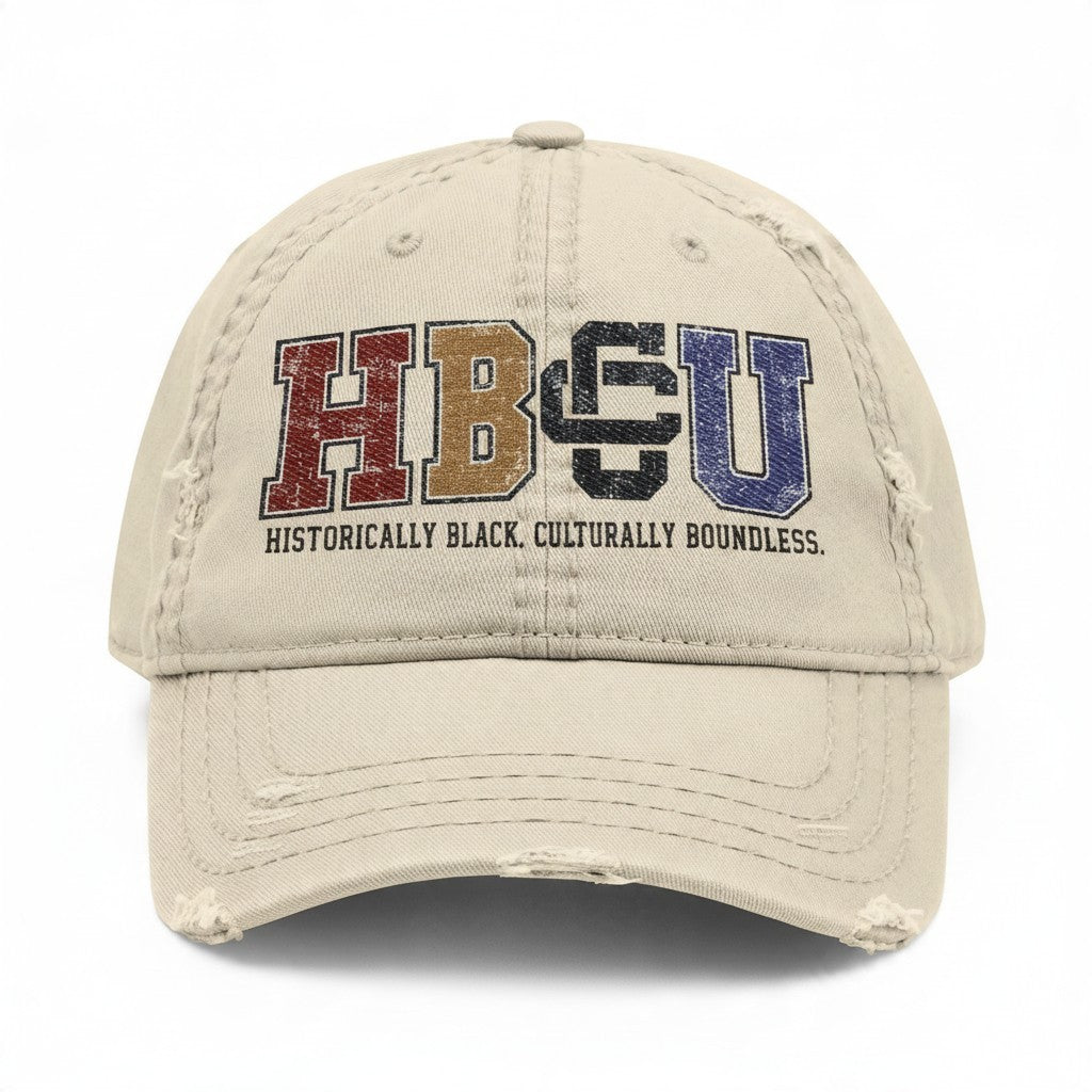 Creators Collection bone-colored distressed cotton cap featuring a multicolor HBCU collegiate wordmark on the front.
