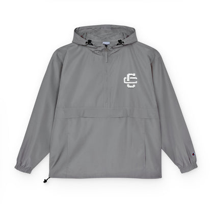 Creators Collection grey Champion unisex packable anorak jacket with hood, front zipper pocket, and elasticated cuffs.