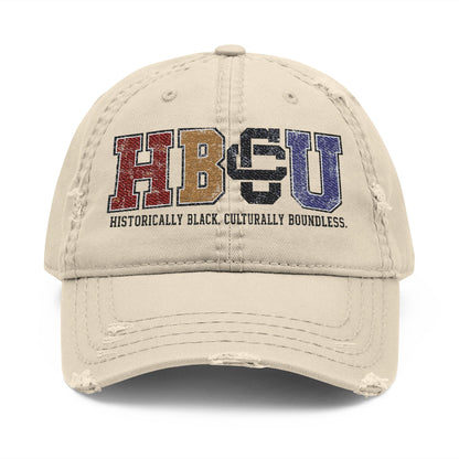 Creators Collection bone-colored distressed cotton cap with multicolor HBCU collegiate embroidery and vintage finish