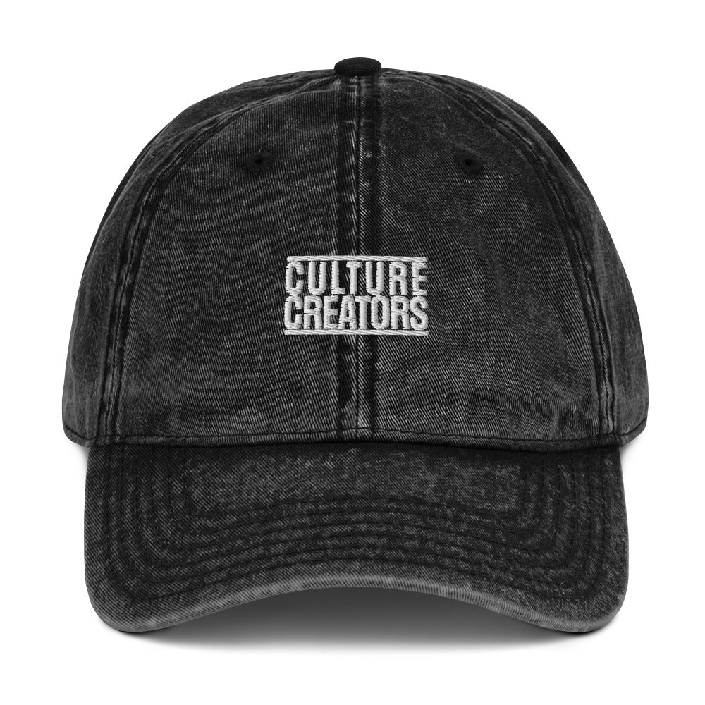 Creators Collection vintage black cotton twill dad cap with white Culture Creators embroidery and washed-out effect