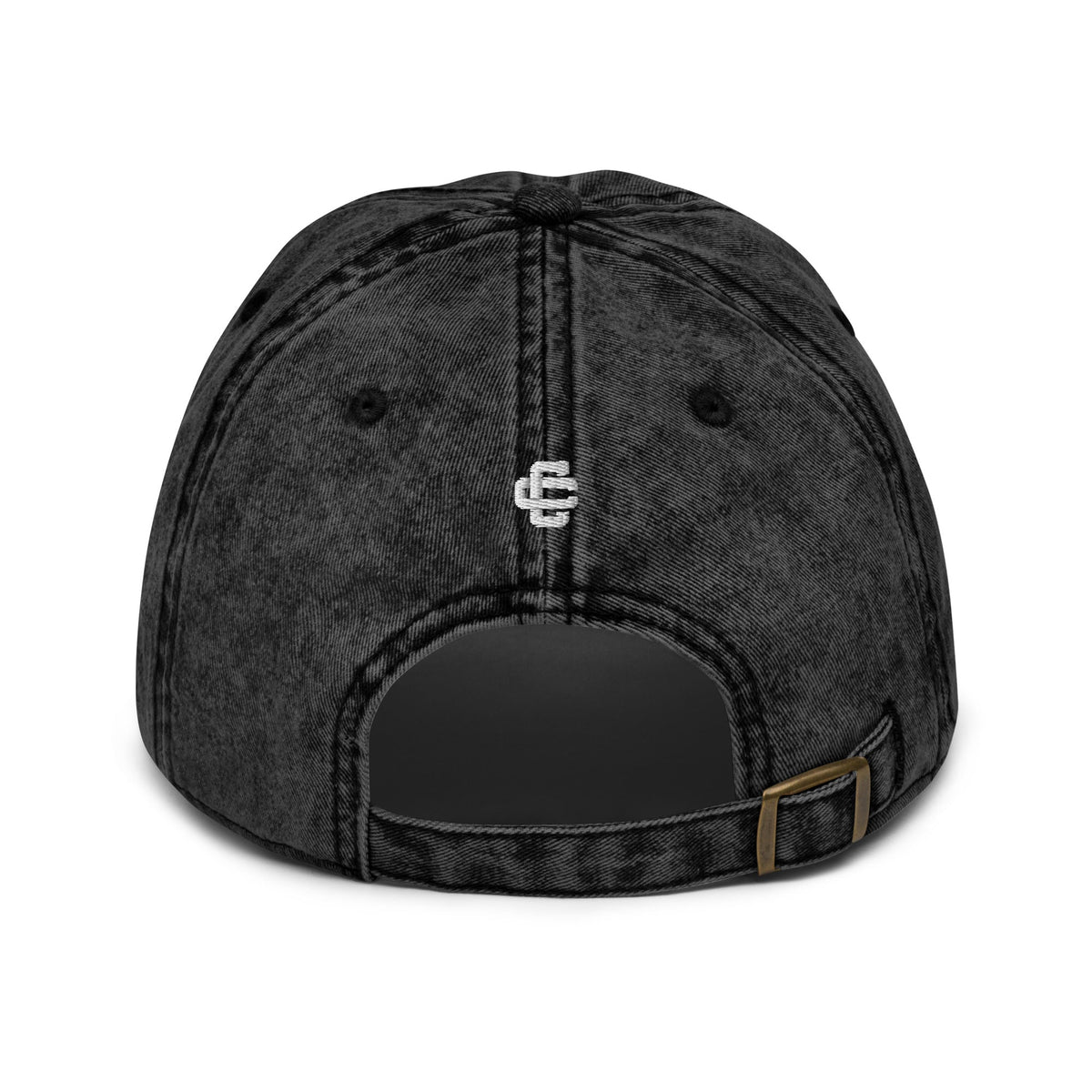 Creators Collection vintage cotton twill dad cap in black with embroidered logo and antique brass metal buckle